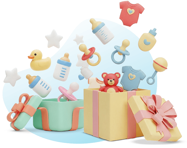 3D illustrated baby prize gift box with teddy bear, bottles, pacifier, onesie and baby rattle — representing MyBellaBaby monthly maternity gift basket giveaway prize