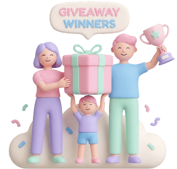 3D family celebrating with gift box and trophy