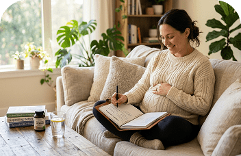 Pregnant mother reading pregnancy guidePregnant woman writing in a journal at home with prenatal vitamins