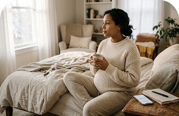 Pregnant woman sitting on bed holding a cup and thinking