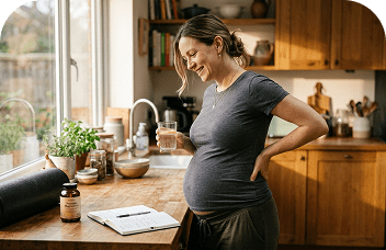 Pregnant woman taking prenatal vitamins with water in kitchen