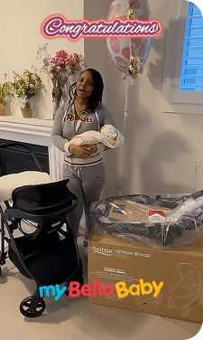 MyBellaBaby contest winner holding baby essentials package