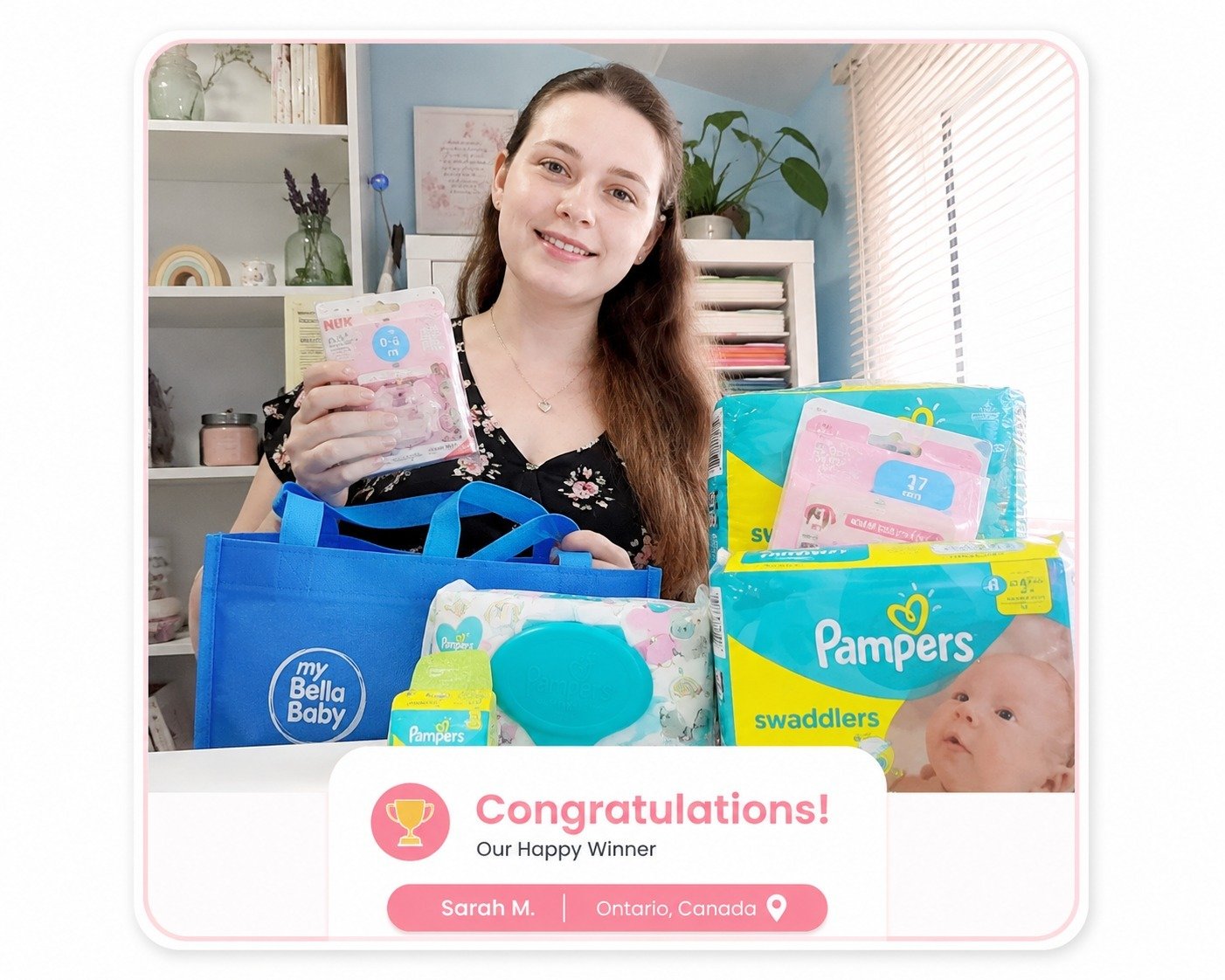 MyBellaBaby winner congratulations photo with prize bundle
